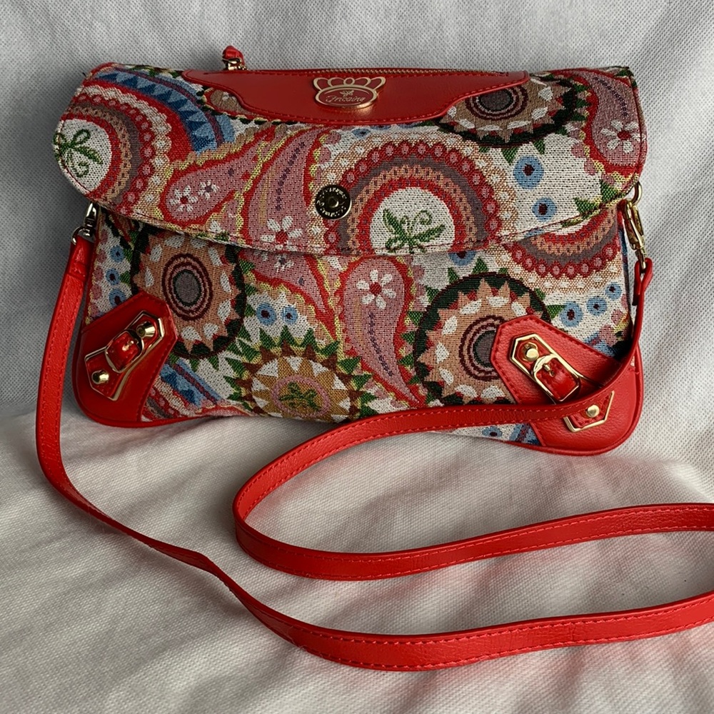 Fricaine Eleganza Red Tapestry Leather Crossbody Purse NWOT